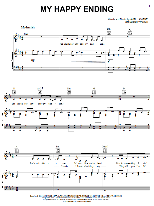 Download Avril Lavigne My Happy Ending Sheet Music and learn how to play Piano, Vocal & Guitar PDF digital score in minutes
