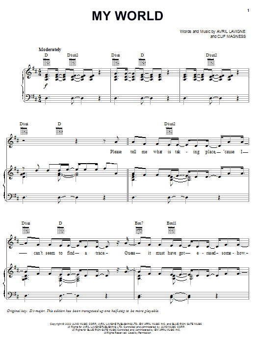 Download Avril Lavigne My World Sheet Music and learn how to play Piano, Vocal & Guitar (Right-Hand Melody) PDF digital score in minutes