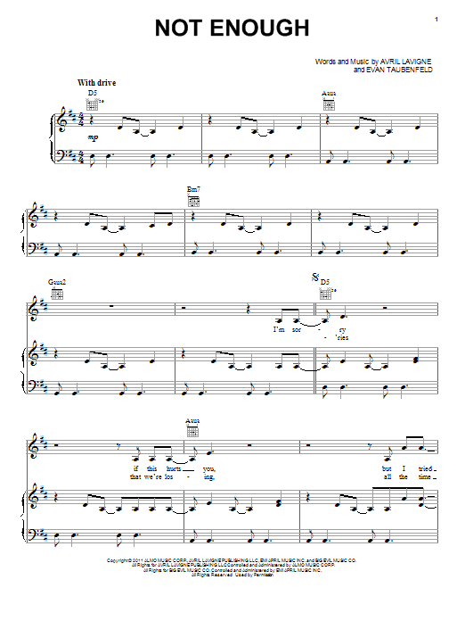 Download Avril Lavigne Not Enough Sheet Music and learn how to play Piano, Vocal & Guitar (Right-Hand Melody) PDF digital score in minutes
