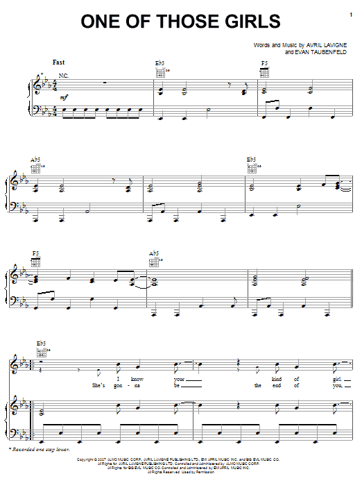 Download Avril Lavigne One Of Those Girls Sheet Music and learn how to play Piano, Vocal & Guitar (Right-Hand Melody) PDF digital score in minutes