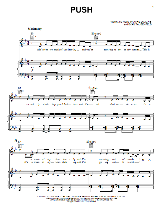 Download Avril Lavigne Push Sheet Music and learn how to play Piano, Vocal & Guitar (Right-Hand Melody) PDF digital score in minutes