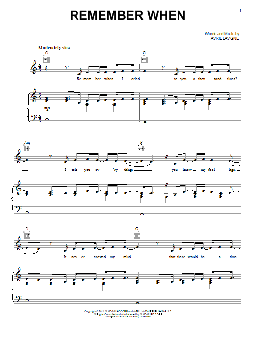 Download Avril Lavigne Remember When Sheet Music and learn how to play Piano, Vocal & Guitar (Right-Hand Melody) PDF digital score in minutes