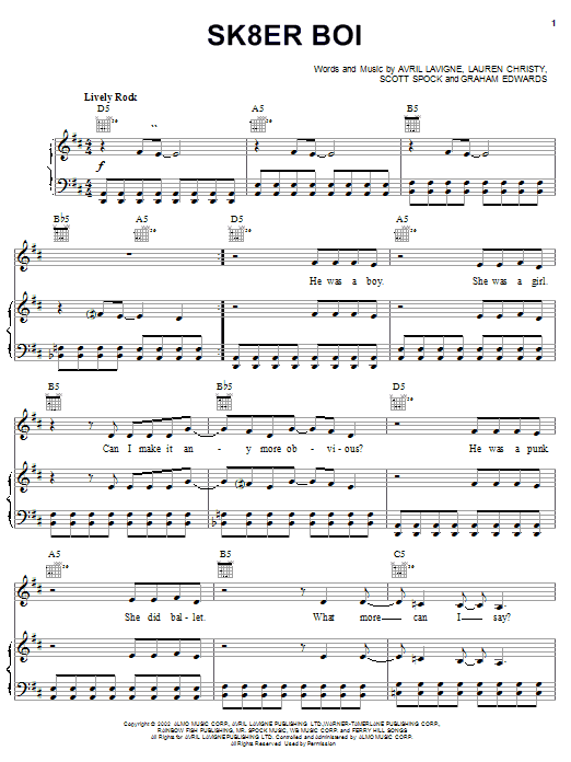 Download Avril Lavigne Sk8er Boi Sheet Music and learn how to play Piano, Vocal & Guitar (Right-Hand Melody) PDF digital score in minutes
