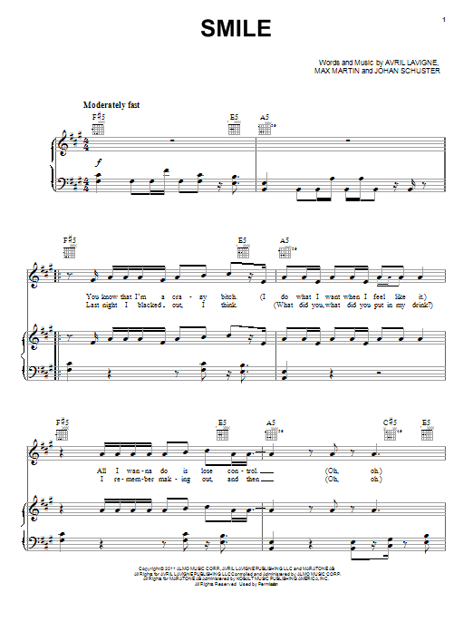 Download Avril Lavigne Smile Sheet Music and learn how to play Piano, Vocal & Guitar (Right-Hand Melody) PDF digital score in minutes