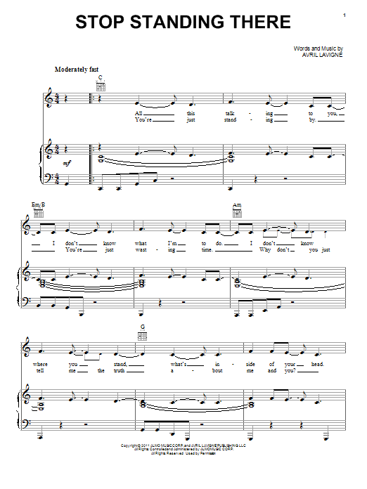 Download Avril Lavigne Stop Standing There Sheet Music and learn how to play Piano, Vocal & Guitar (Right-Hand Melody) PDF digital score in minutes