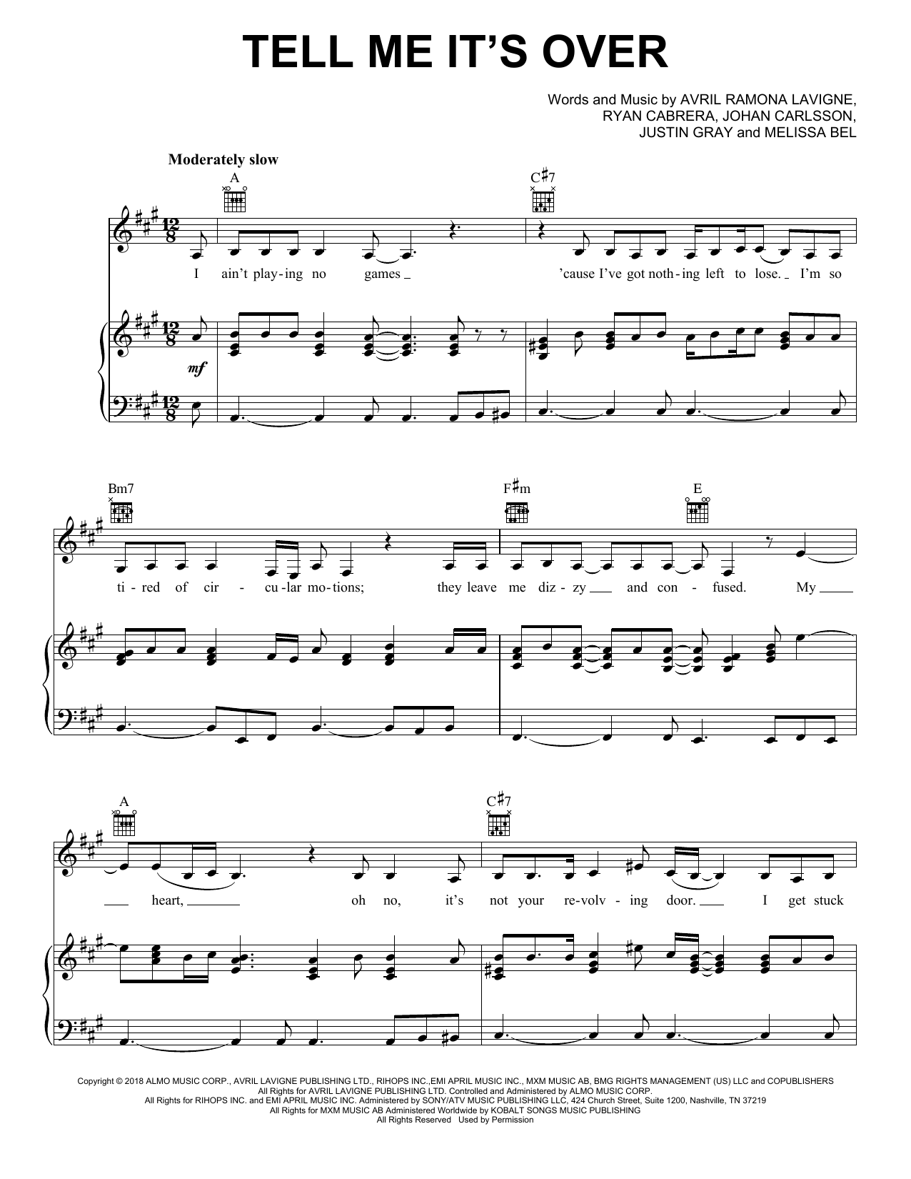 Download Avril Lavigne Tell Me It's Over Sheet Music and learn how to play Piano, Vocal & Guitar Chords (Right-Hand Melody) PDF digital score in minutes