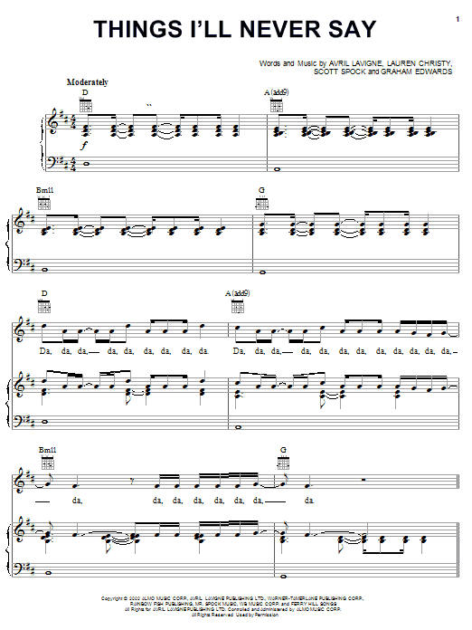 Download Avril Lavigne Things I'll Never Say Sheet Music and learn how to play Piano, Vocal & Guitar (Right-Hand Melody) PDF digital score in minutes