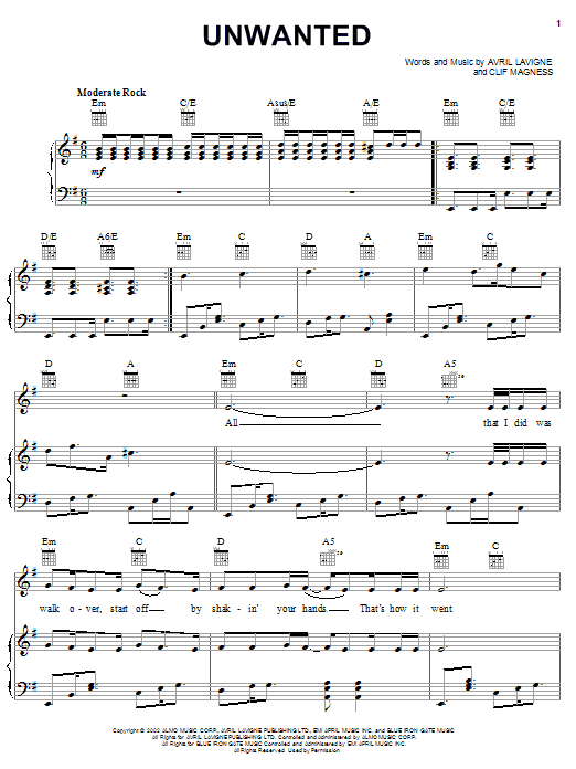 Download Avril Lavigne Unwanted Sheet Music and learn how to play Piano, Vocal & Guitar (Right-Hand Melody) PDF digital score in minutes