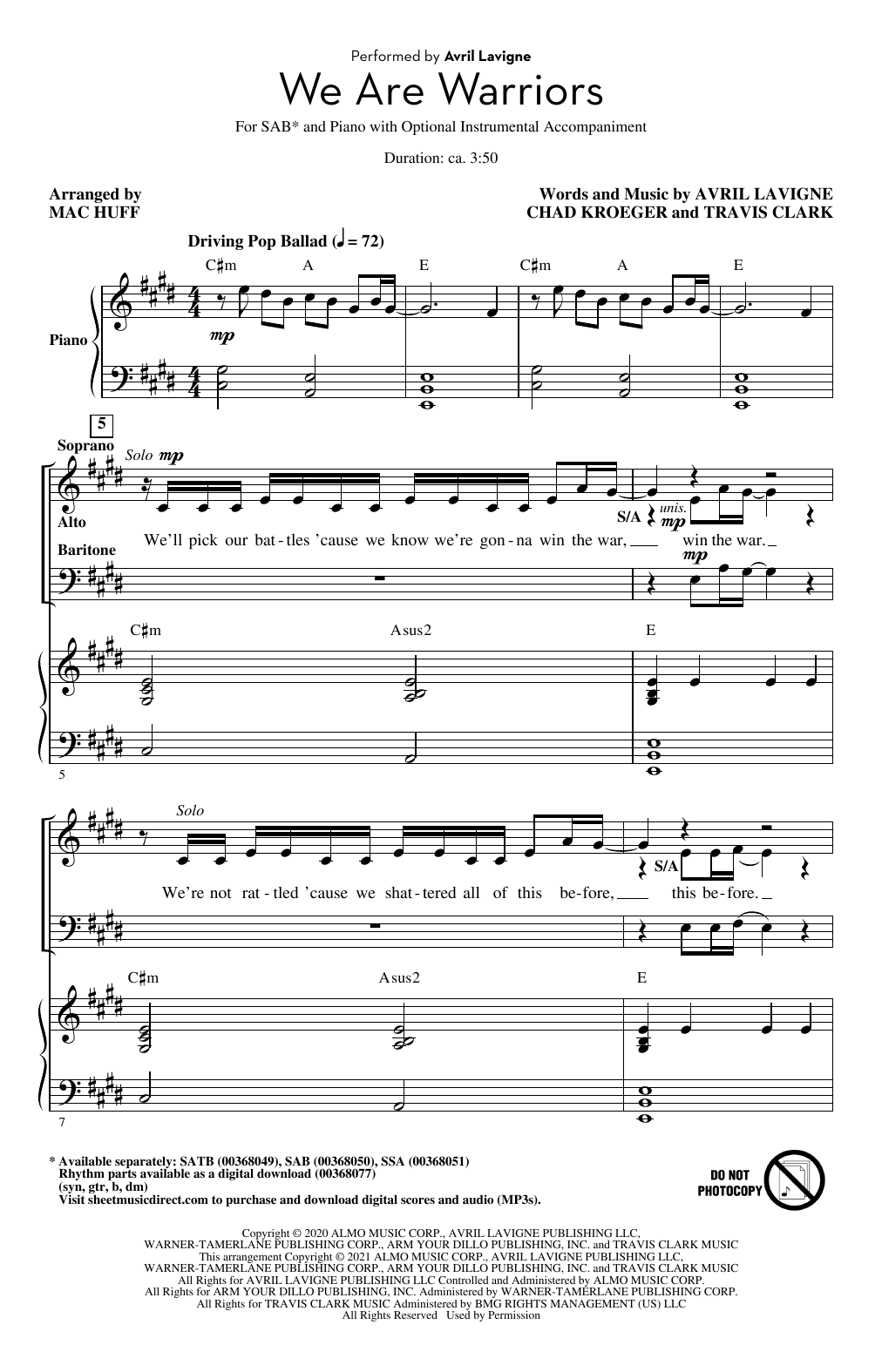 Download Avril Lavigne We Are Warriors (Warrior) (arr. Mac Huff) Sheet Music and learn how to play SATB Choir PDF digital score in minutes