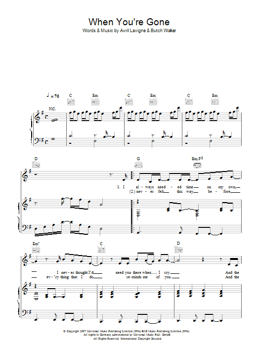 Download Avril Lavigne When You're Gone Sheet Music and learn how to play Guitar Lead Sheet PDF digital score in minutes