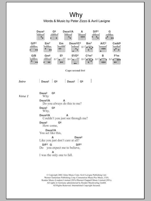 Download Avril Lavigne Why Sheet Music and learn how to play Lyrics & Chords PDF digital score in minutes