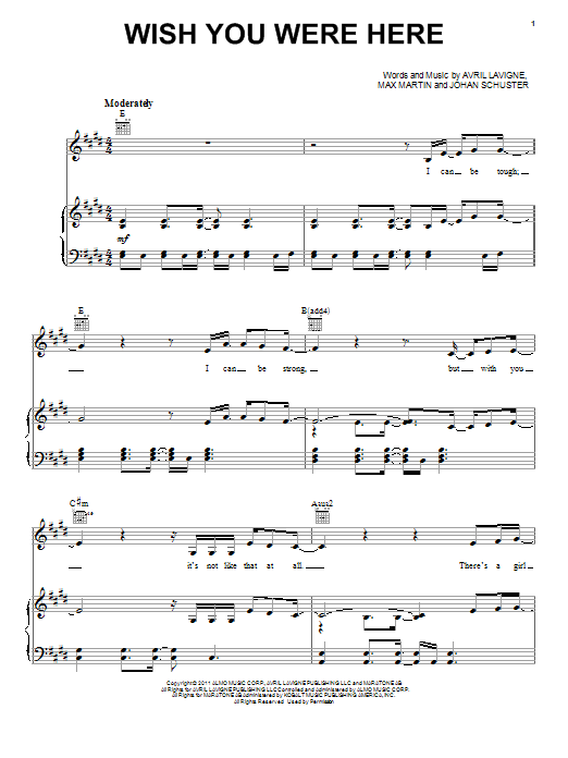 Download Avril Lavigne Wish You Were Here Sheet Music and learn how to play Piano, Vocal & Guitar (Right-Hand Melody) PDF digital score in minutes