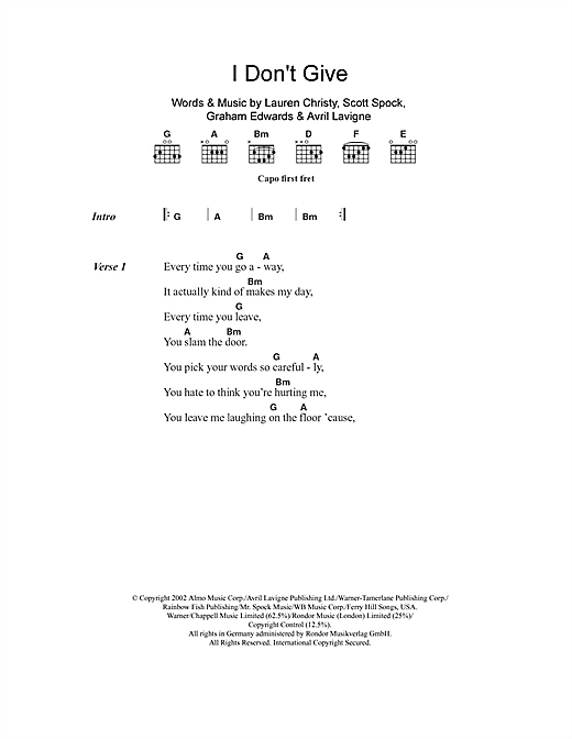 Download Avril Lavigne I Don't Give Sheet Music and learn how to play Lyrics & Chords PDF digital score in minutes