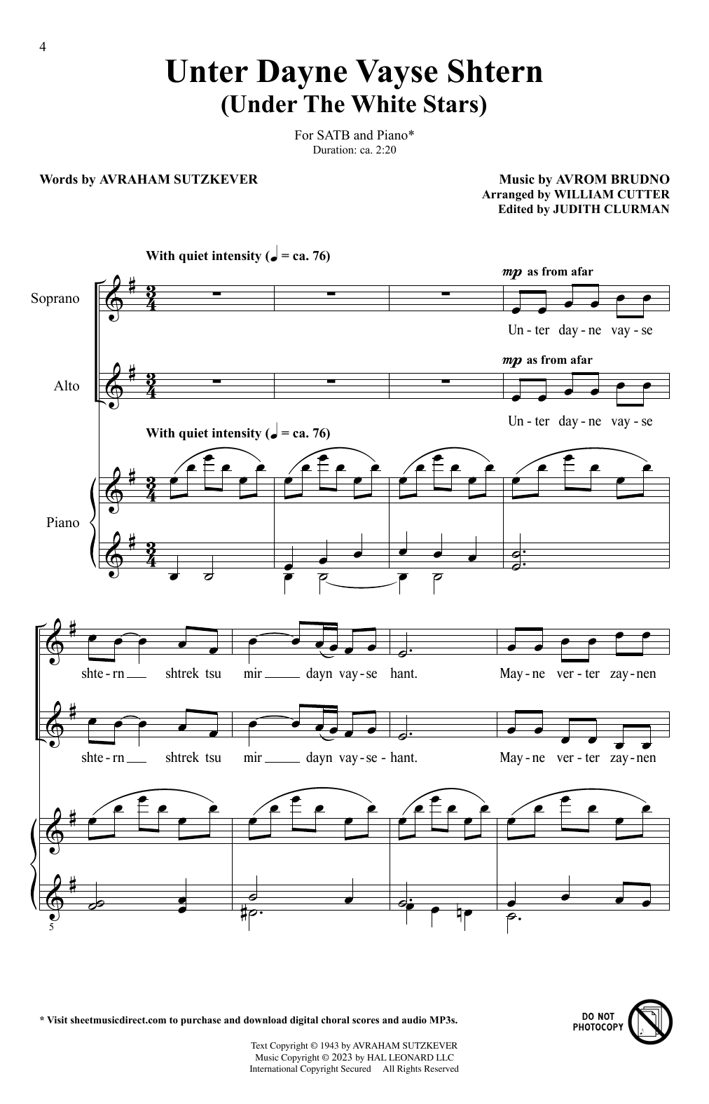 Download Avrom Brudno Unter Dayne Vayse Shtern (Under Your White Stars) (arr. Bill Cutler) Sheet Music and learn how to play SATB Choir PDF digital score in minutes