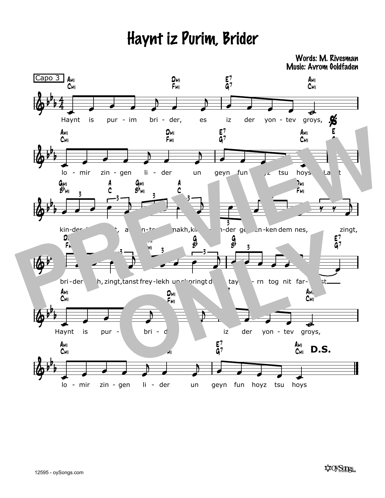 Download Avrom Goldfaden Haynt Iz Purim, Brider Sheet Music and learn how to play Melody Line, Lyrics & Chords PDF digital score in minutes