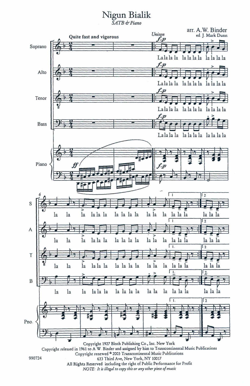 Download A.W. Binder Nigun Bialik Sheet Music and learn how to play SATB Choir PDF digital score in minutes