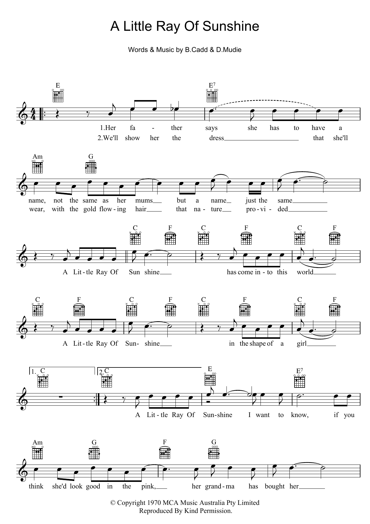 Download Axiom A Little Ray Of Sunshine Sheet Music and learn how to play Melody Line, Lyrics & Chords PDF digital score in minutes