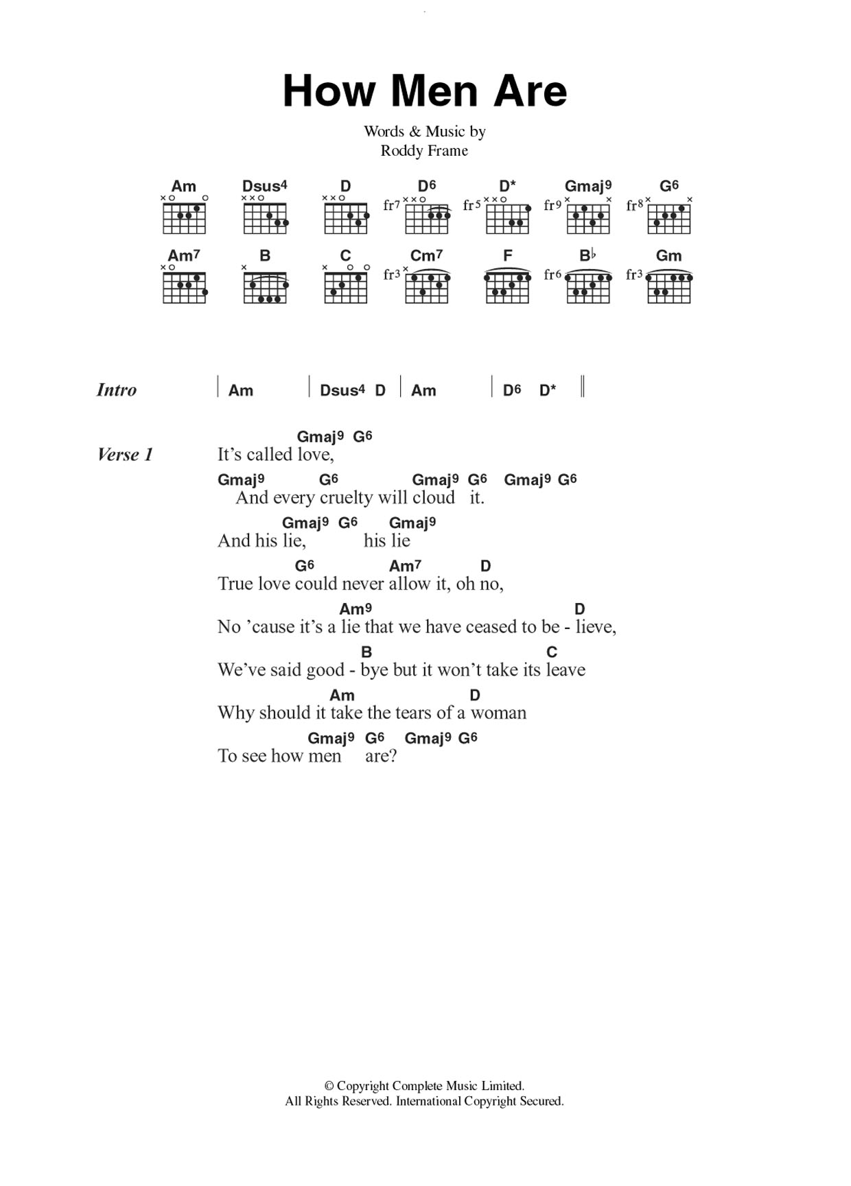 Download Aztec Camera How Men Are Sheet Music and learn how to play Lyrics & Chords PDF digital score in minutes