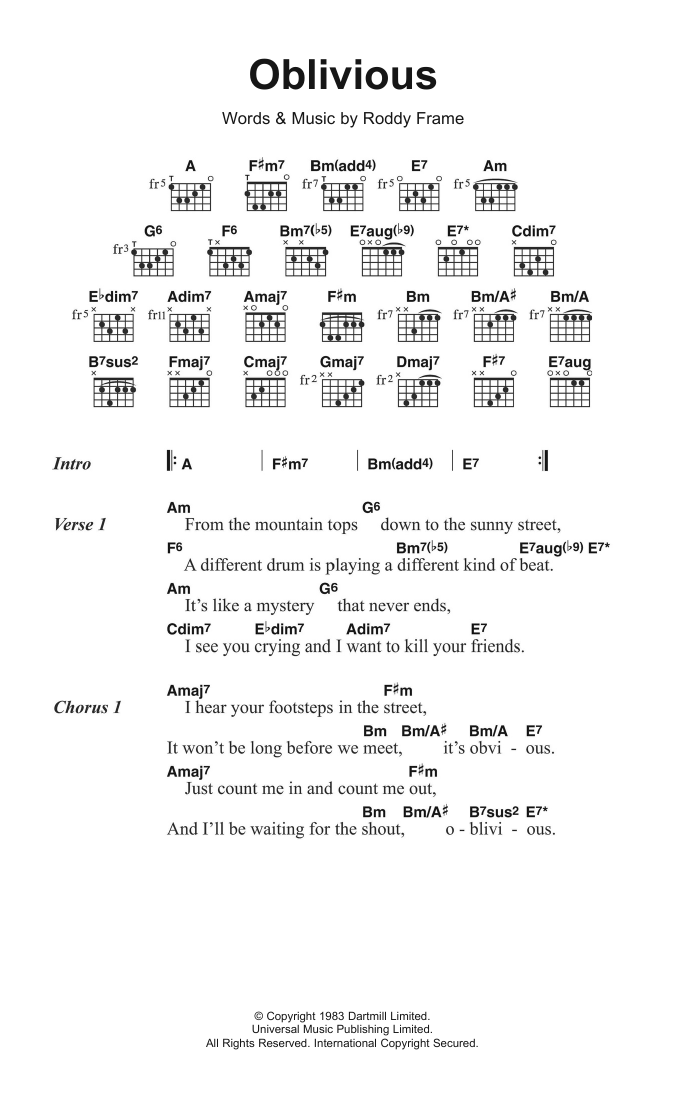 Download Aztec Camera Oblivious Sheet Music and learn how to play Lyrics & Chords PDF digital score in minutes