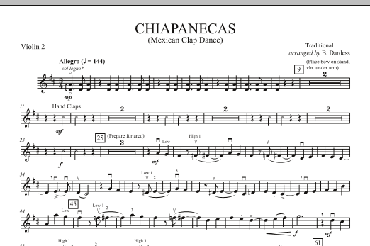 Download B. Dardess Chiapanecas (Mexican Clap Dance) - Violin 2 Sheet Music and learn how to play Orchestra PDF digital score in minutes