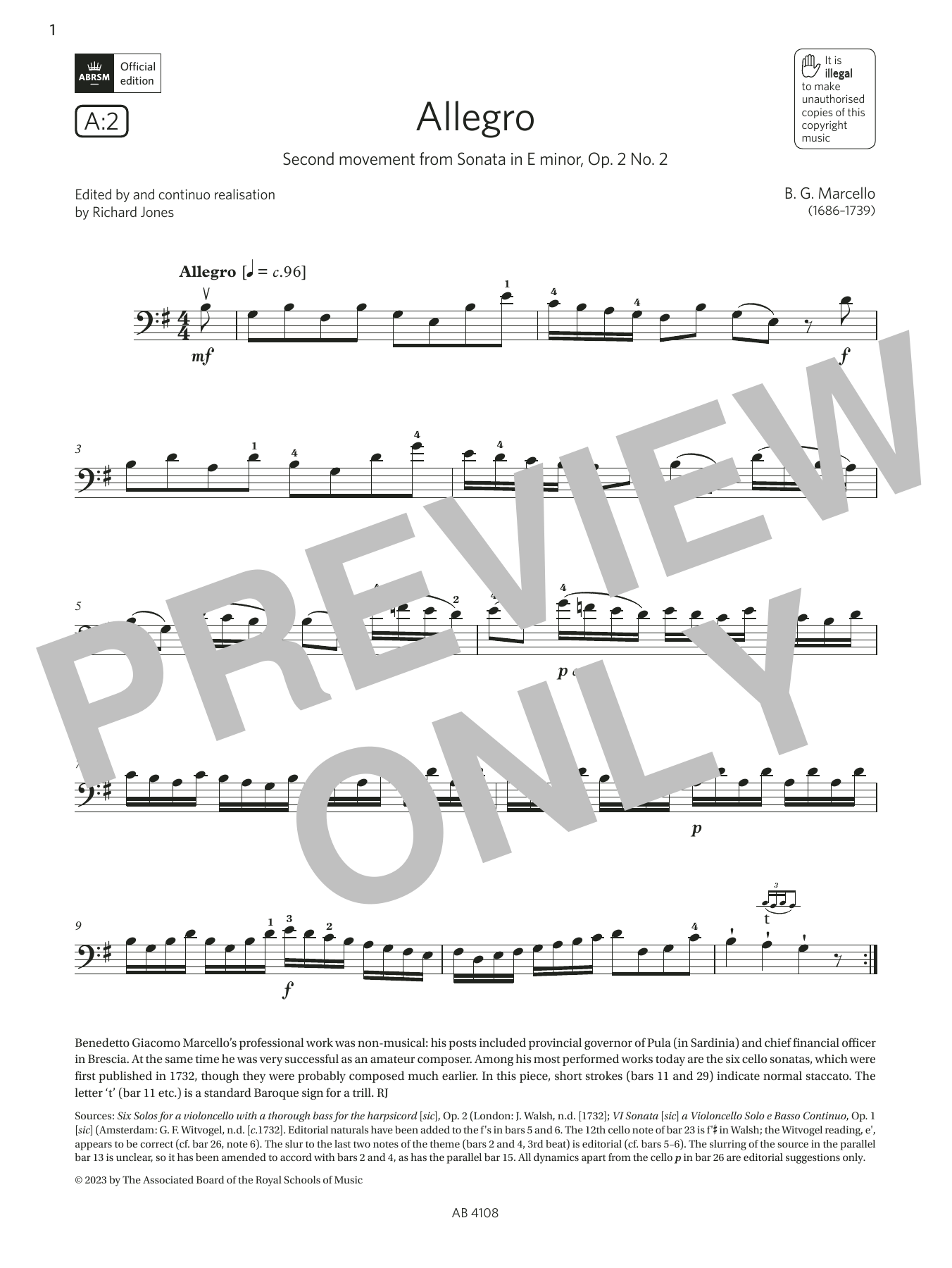 Download B. G. Marcello Allegro (Grade 5, A2, from the ABRSM Cello Syllabus from 2024) Sheet Music and learn how to play Cello Solo PDF digital score in minutes