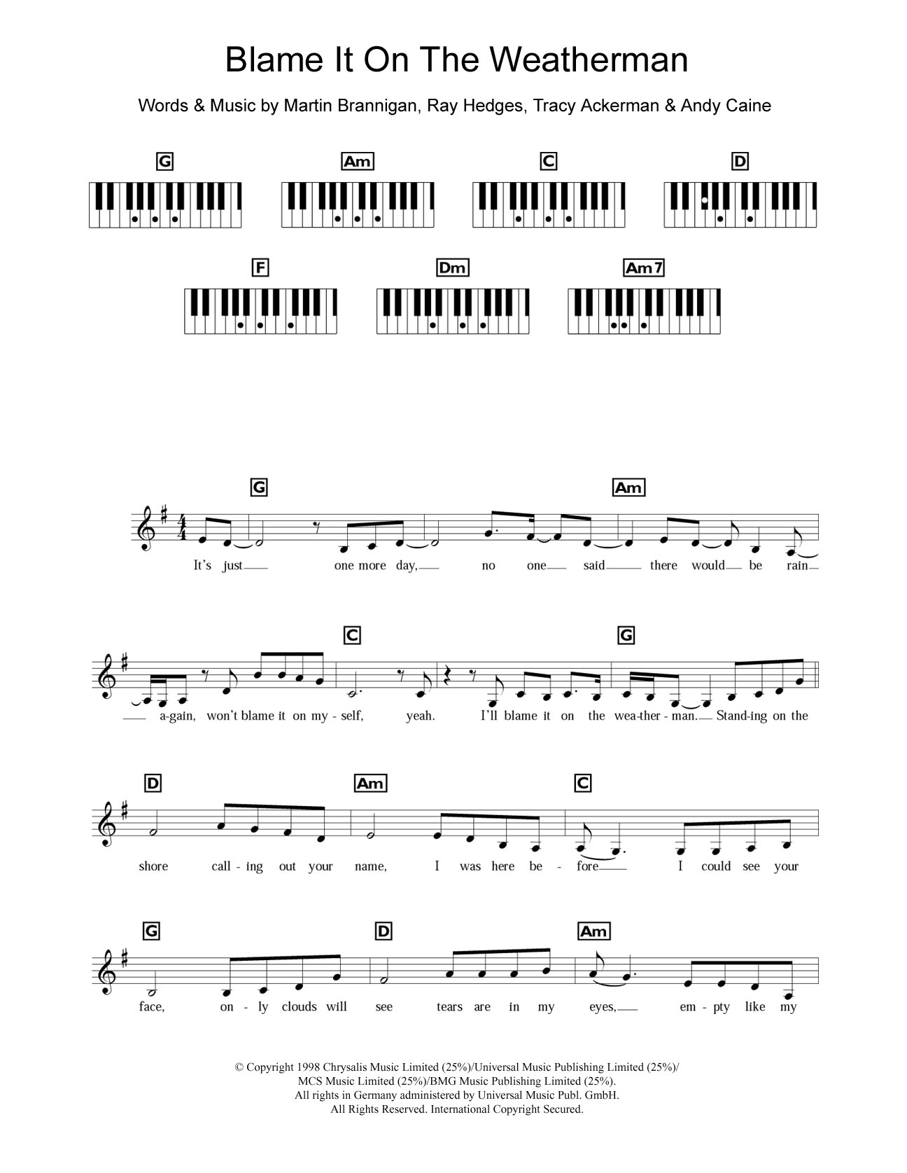 Download B*witched Blame It On The Weatherman Sheet Music and learn how to play Piano Chords/Lyrics PDF digital score in minutes