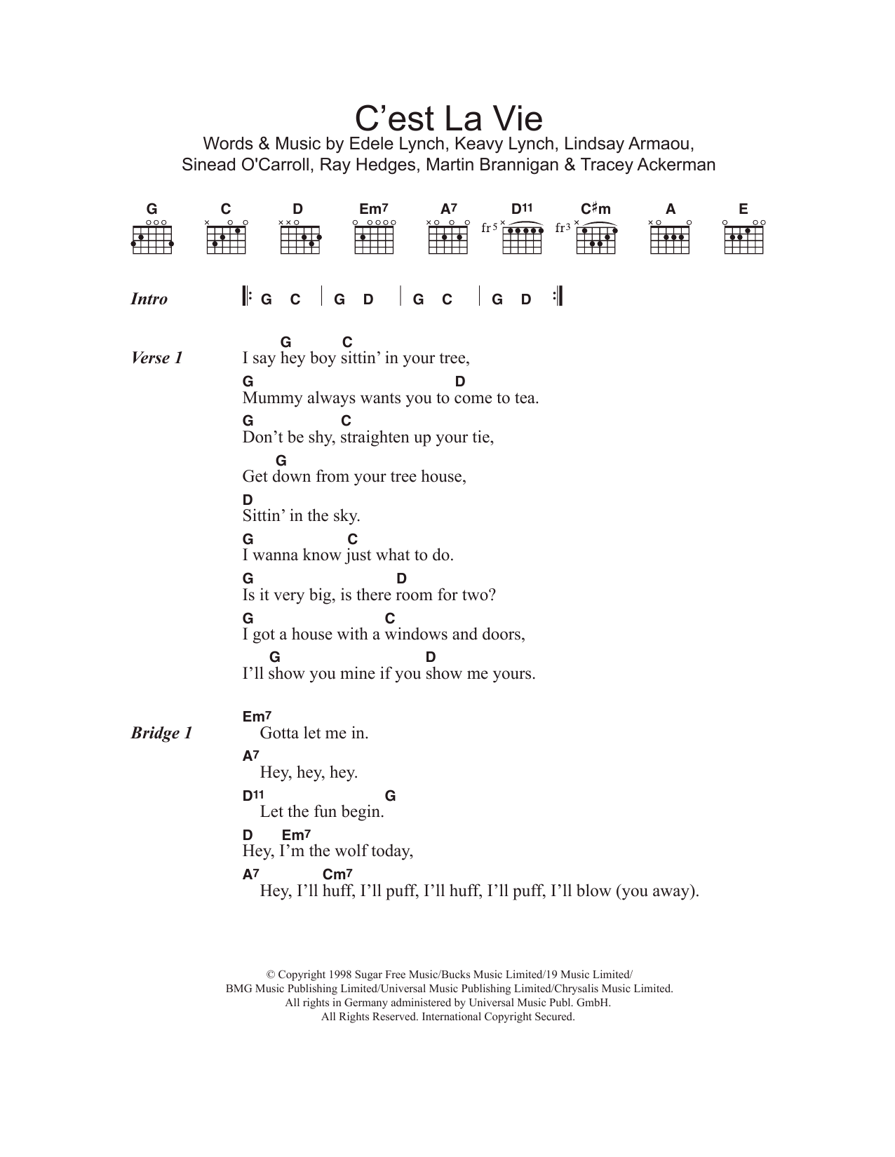 Download B*Witched C'est La Vie Sheet Music and learn how to play Lyrics & Chords PDF digital score in minutes