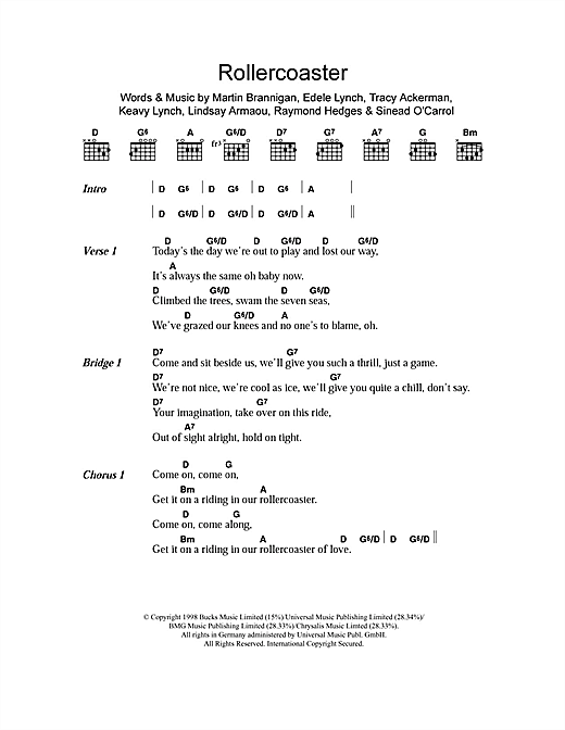 Download B*witched Rollercoaster Sheet Music and learn how to play Guitar Chords/Lyrics PDF digital score in minutes