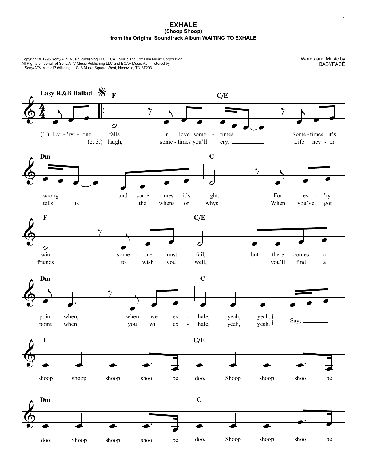 Download Babyface Exhale (Shoop Shoop) Sheet Music and learn how to play Melody Line, Lyrics & Chords PDF digital score in minutes