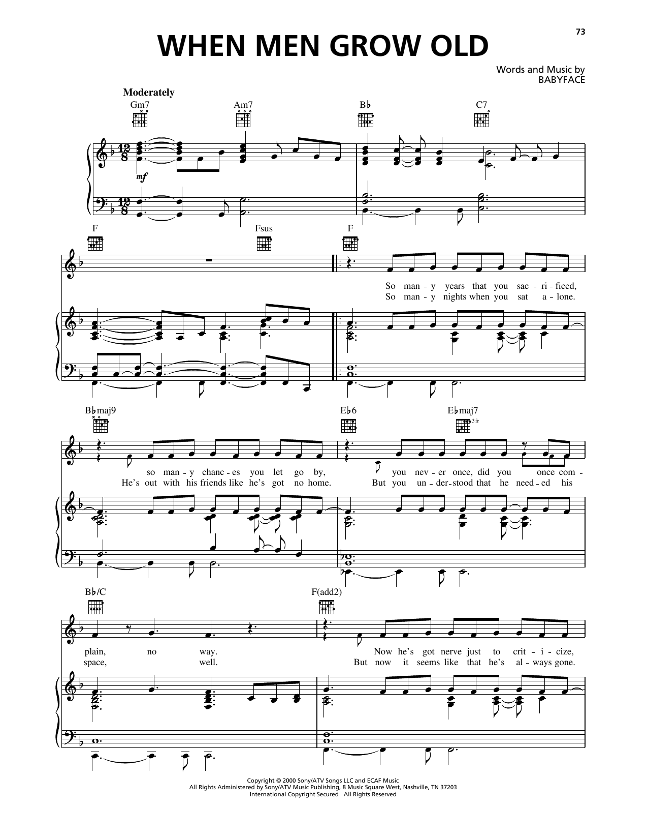 Download Babyface When Men Grow Old Sheet Music and learn how to play Piano, Vocal & Guitar Chords (Right-Hand Melody) PDF digital score in minutes