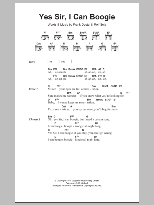 Download Baccara Yes Sir, I Can Boogie Sheet Music and learn how to play Lyrics & Chords PDF digital score in minutes