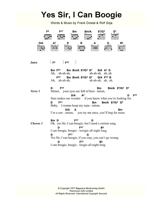 Download Baccara Yes Sir, I Can Boogie Sheet Music and learn how to play Lyrics & Chords PDF digital score in minutes