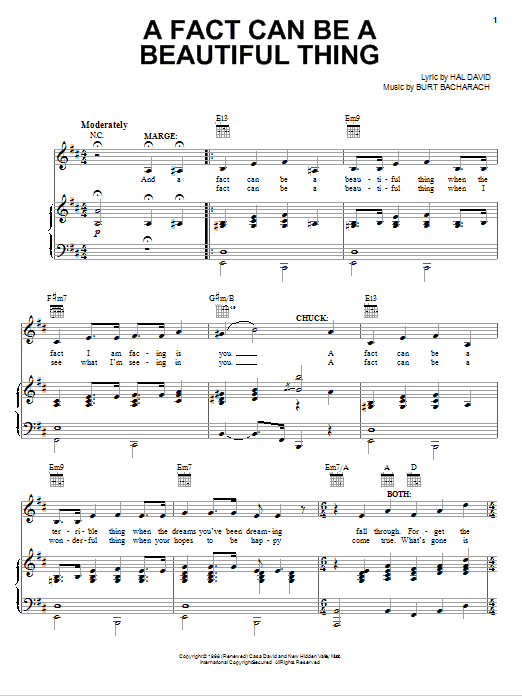 Download Bacharach & David A Fact Can Be A Beautiful Thing Sheet Music and learn how to play Piano, Vocal & Guitar (Right-Hand Melody) PDF digital score in minutes