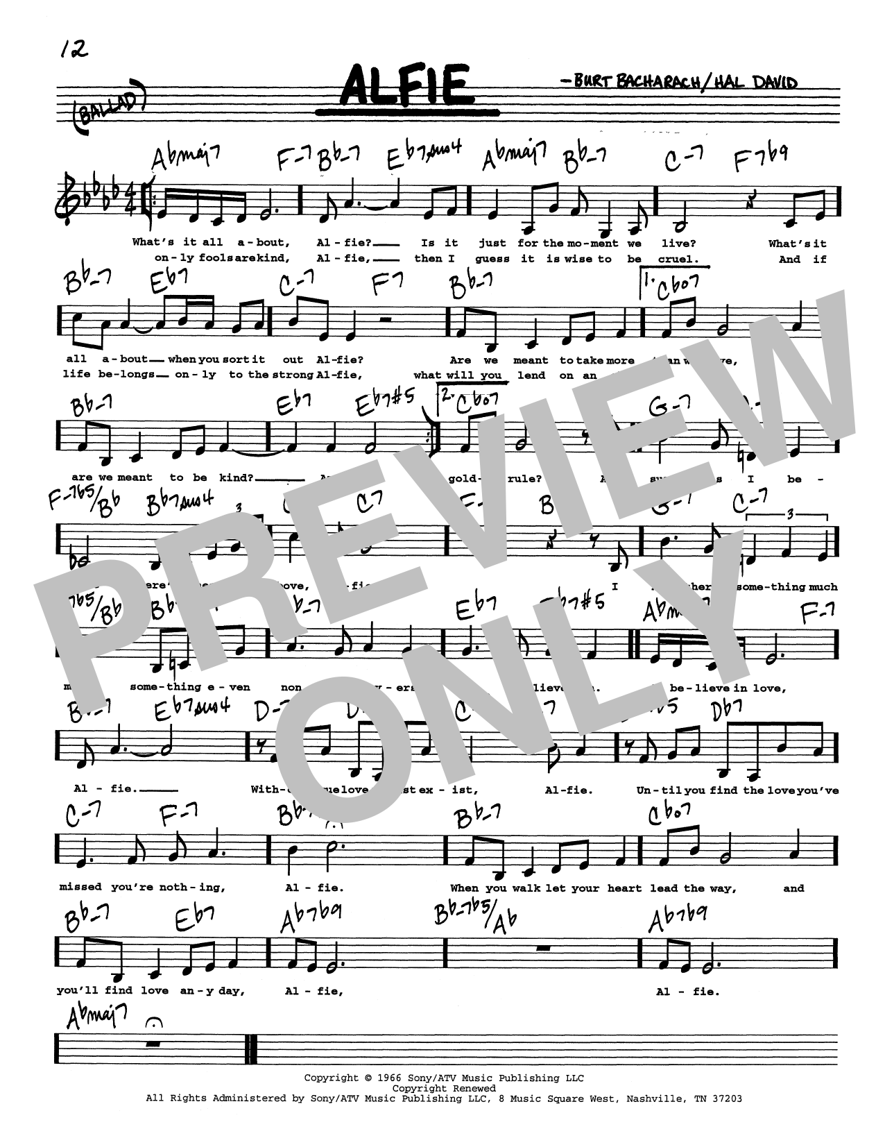 Download Bacharach & David Alfie (Low Voice) Sheet Music and learn how to play Real Book – Melody, Lyrics & Chords PDF digital score in minutes