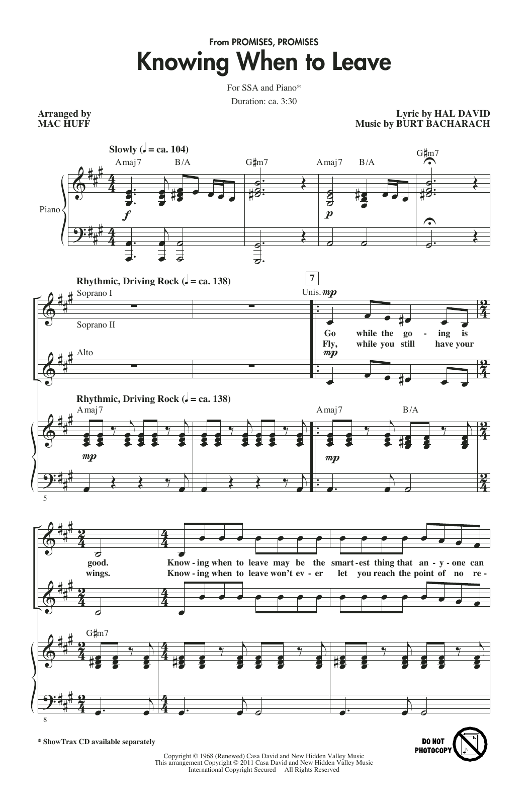 Download Bacharach & David Knowing When To Leave (from Promises, Promises) (arr. Mac Huff) Sheet Music and learn how to play SSA Choir PDF digital score in minutes