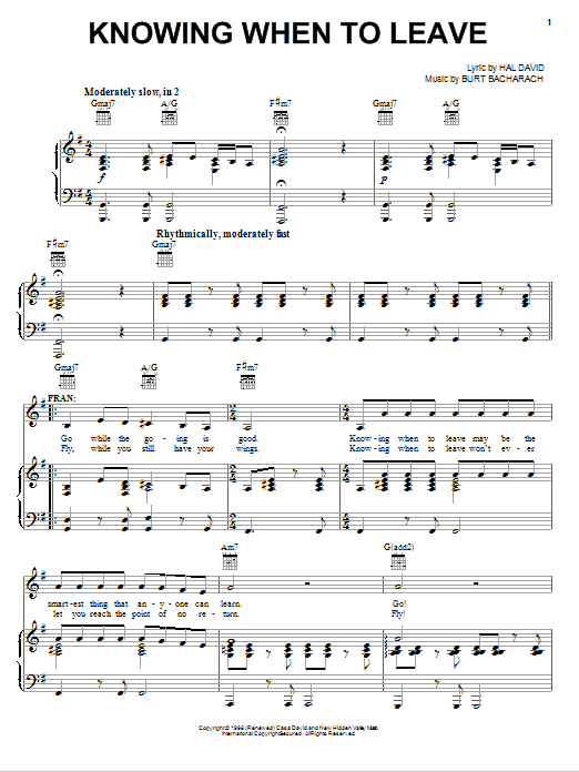 Download Bacharach & David Knowing When To Leave Sheet Music and learn how to play Piano, Vocal & Guitar (Right-Hand Melody) PDF digital score in minutes