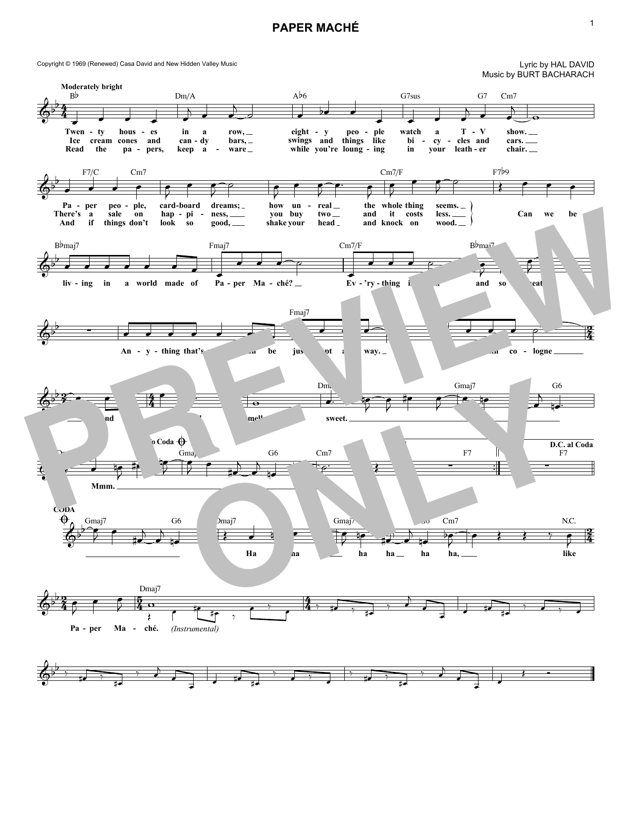 Download Bacharach & David Paper Mache Sheet Music and learn how to play Lead Sheet / Fake Book PDF digital score in minutes