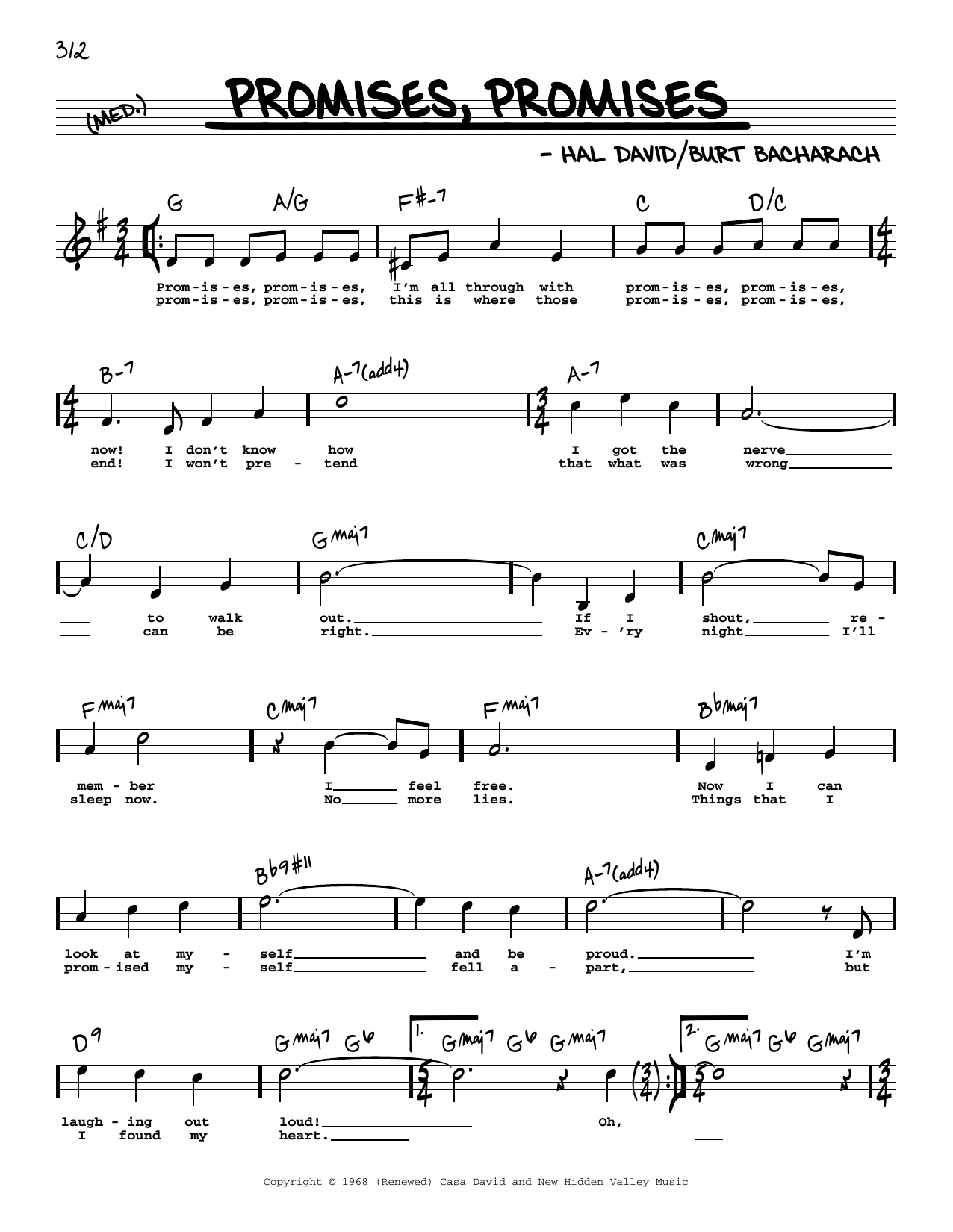 Download Bacharach & David Promises, Promises (High Voice) Sheet Music and learn how to play Real Book – Melody, Lyrics & Chords PDF digital score in minutes