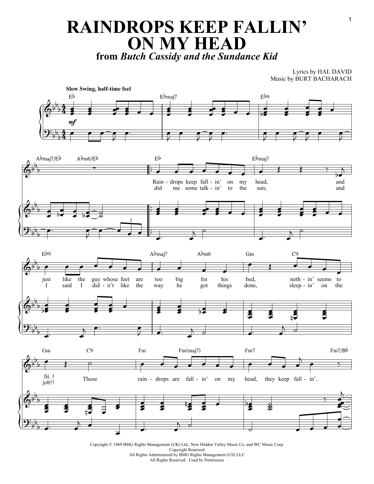 Download Bacharach & David Raindrops Keep Fallin' On My Head (from Butch Cassidy And The Sundance Kid) Sheet Music and learn how to play Piano & Vocal PDF digital score in minutes