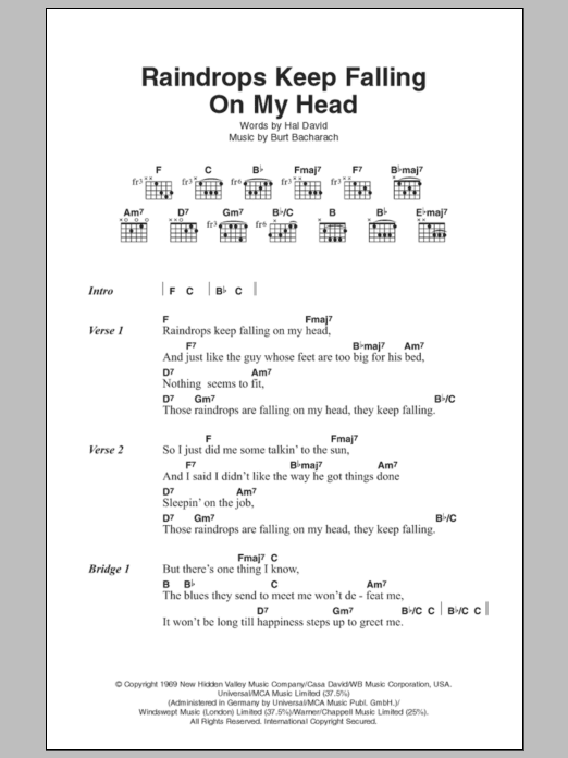 Download Burt Bacharach Raindrops Keep Falling On My Head Sheet Music and learn how to play Lyrics & Chords PDF digital score in minutes