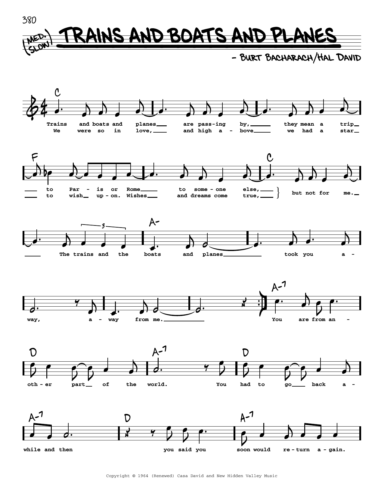 Download Bacharach & David Trains And Boats And Planes (High Voice) Sheet Music and learn how to play Real Book – Melody, Lyrics & Chords PDF digital score in minutes