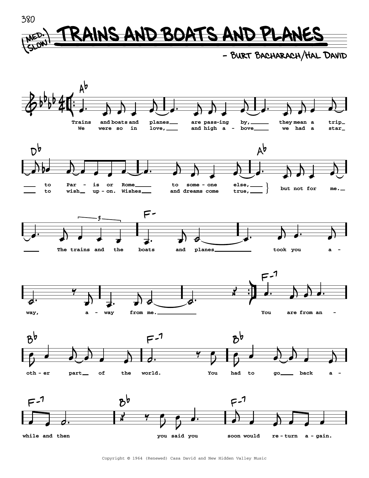 Download Bacharach & David Trains And Boats And Planes (Low Voice) Sheet Music and learn how to play Real Book – Melody, Lyrics & Chords PDF digital score in minutes