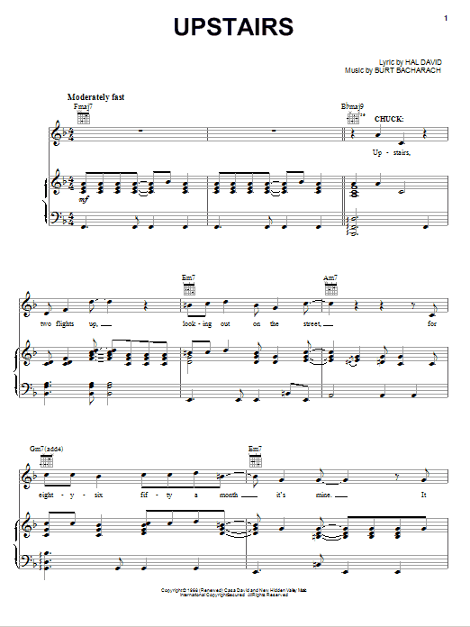 Download Bacharach & David Upstairs Sheet Music and learn how to play Piano, Vocal & Guitar (Right-Hand Melody) PDF digital score in minutes