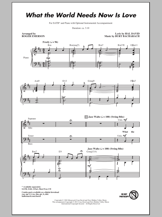 Download Bacharach & David What The World Needs Now Is Love (arr. Roger Emerson) Sheet Music and learn how to play SATB PDF digital score in minutes