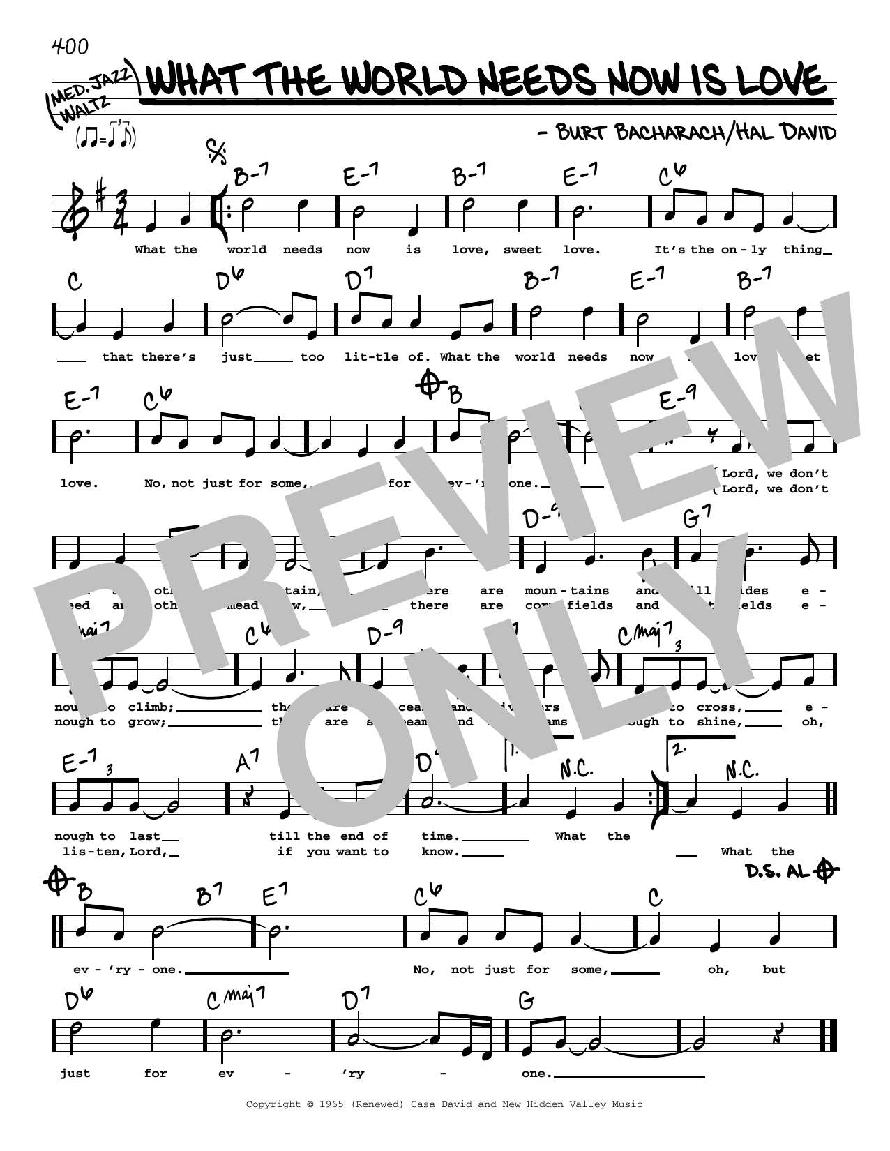 Download Bacharach & David What The World Needs Now Is Love (High Voice) Sheet Music and learn how to play Real Book – Melody, Lyrics & Chords PDF digital score in minutes