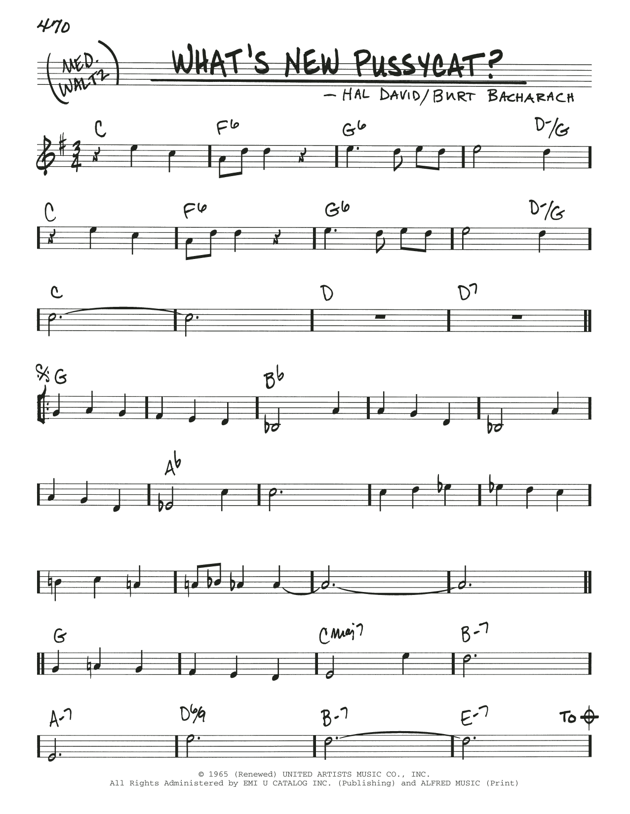 Download Bacharach & David What's New Pussycat? Sheet Music and learn how to play Real Book – Melody & Chords PDF digital score in minutes