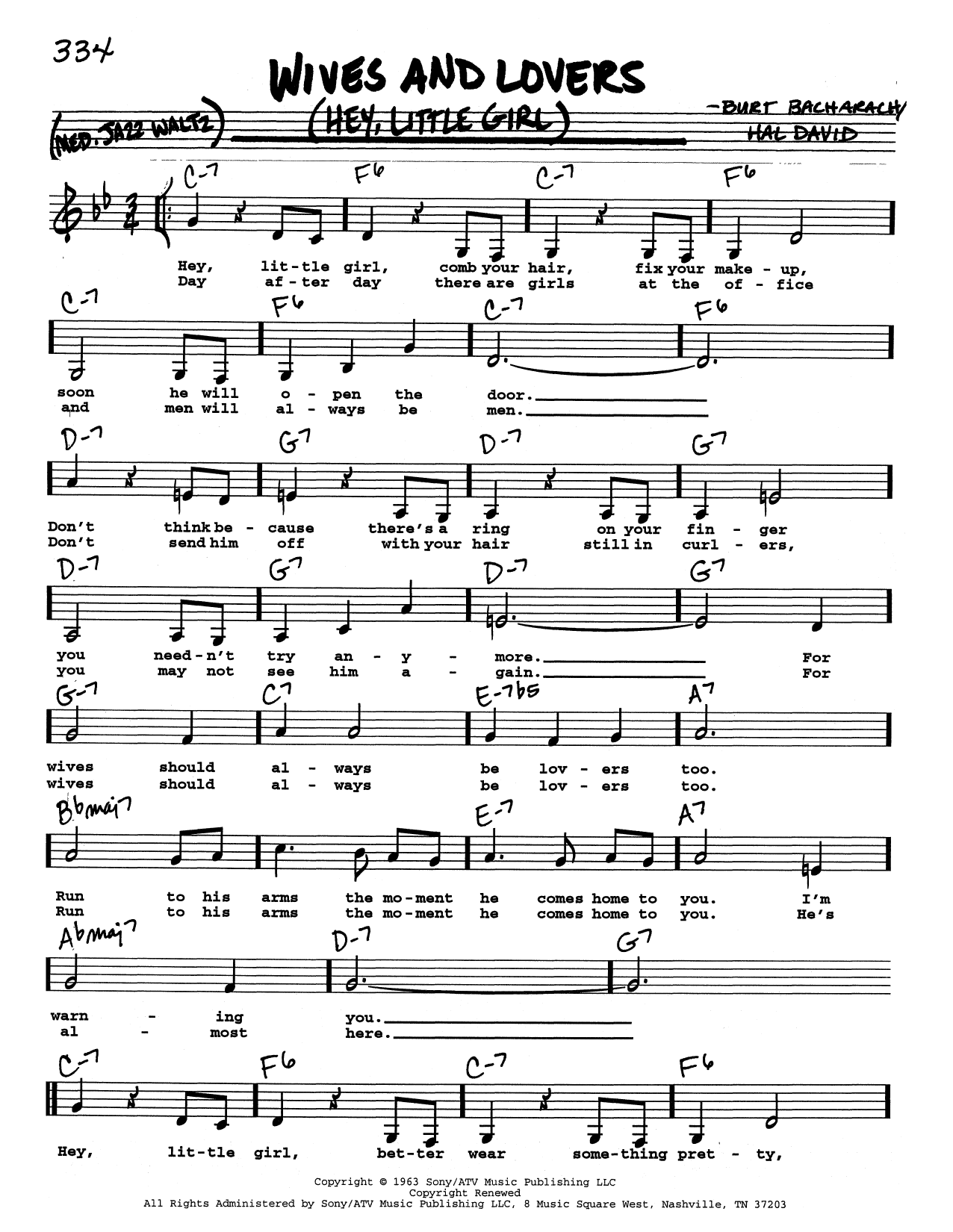Download Bacharach & David Wives And Lovers (Hey, Little Girl) (Low Voice) Sheet Music and learn how to play Real Book – Melody, Lyrics & Chords PDF digital score in minutes