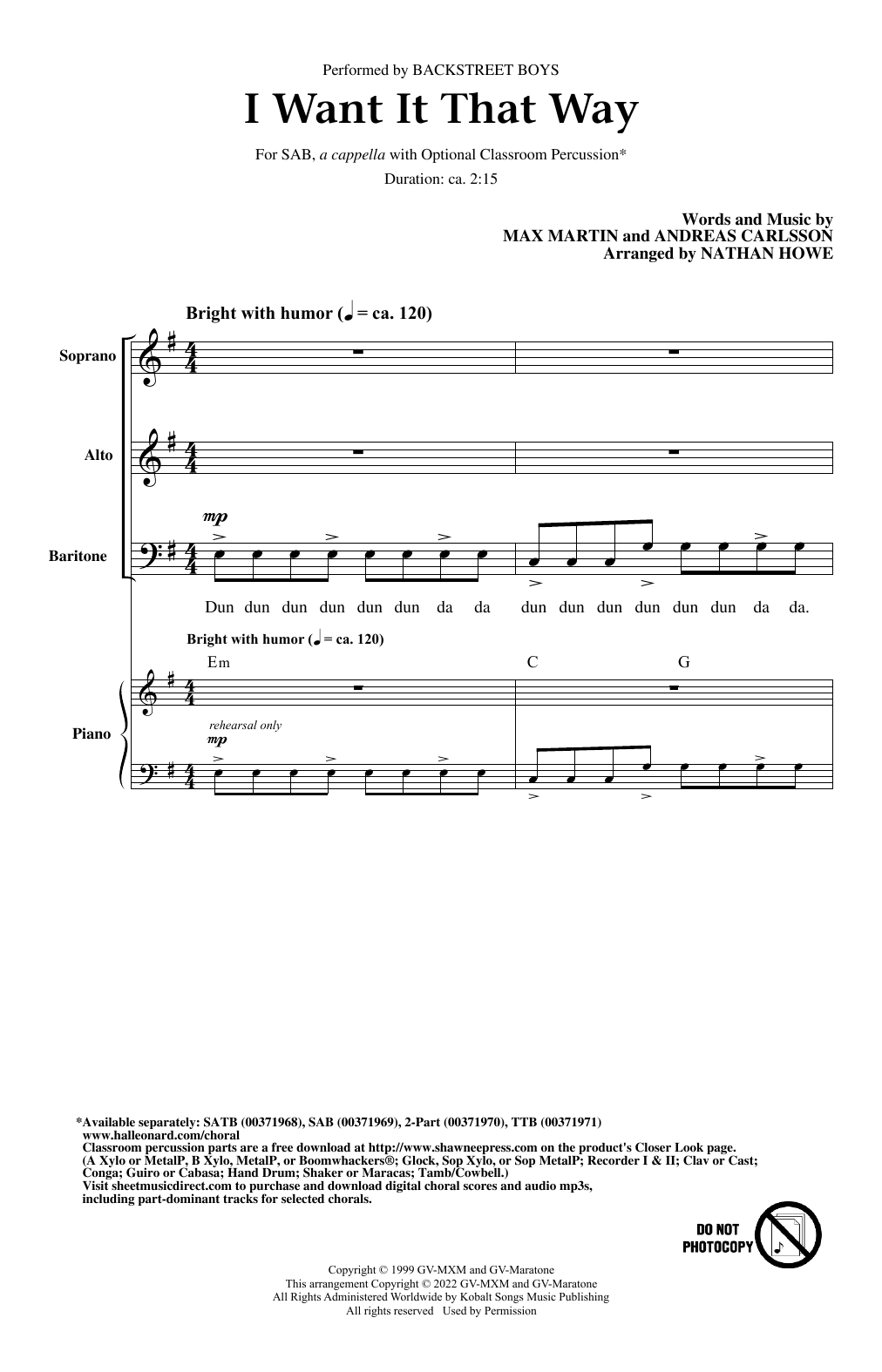 Download Backstreet Boys I Want It That Way (arr. Nathan Howe) Sheet Music and learn how to play 2-Part Choir PDF digital score in minutes