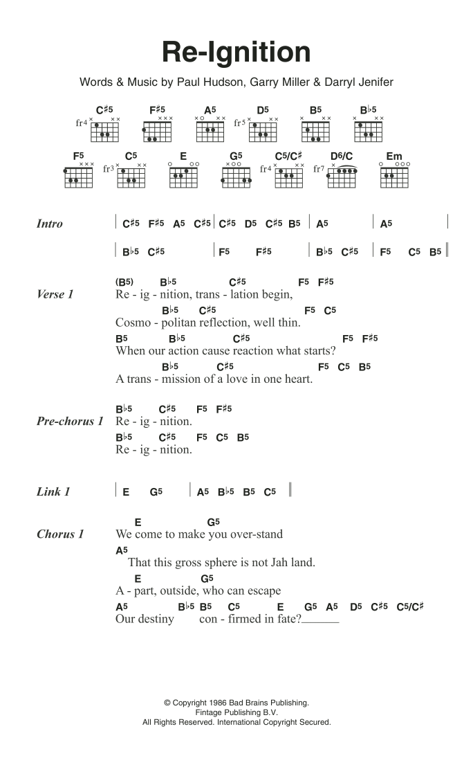 Download Bad Brains Re-Ignition Sheet Music and learn how to play Lyrics & Chords PDF digital score in minutes