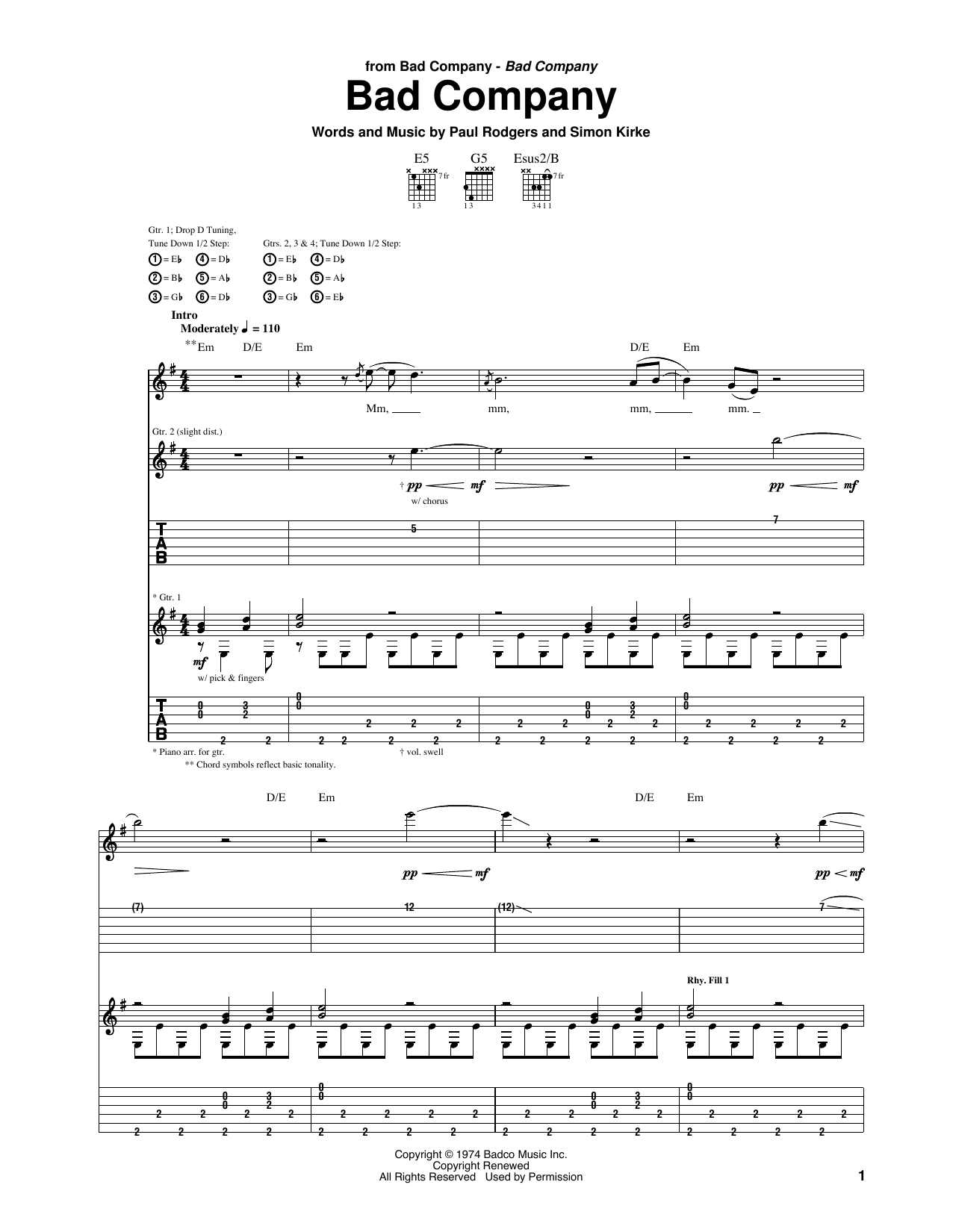 Download Bad Company Bad Company Sheet Music and learn how to play Guitar Tab PDF digital score in minutes